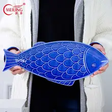 15 дюймов синяя пластина в форме рыбы подглазурная керамическая большая сервировочная обеденная тарелка для ресторана кухни Рыба ручной работы блюдо деко