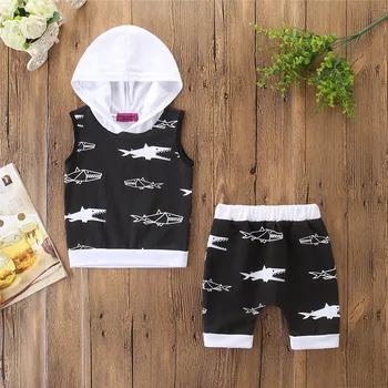

Children Summer New Suit 2020 European and American Boys Sleeveless Cartoon Printing Two-piece Set of Child Hooded Clothes