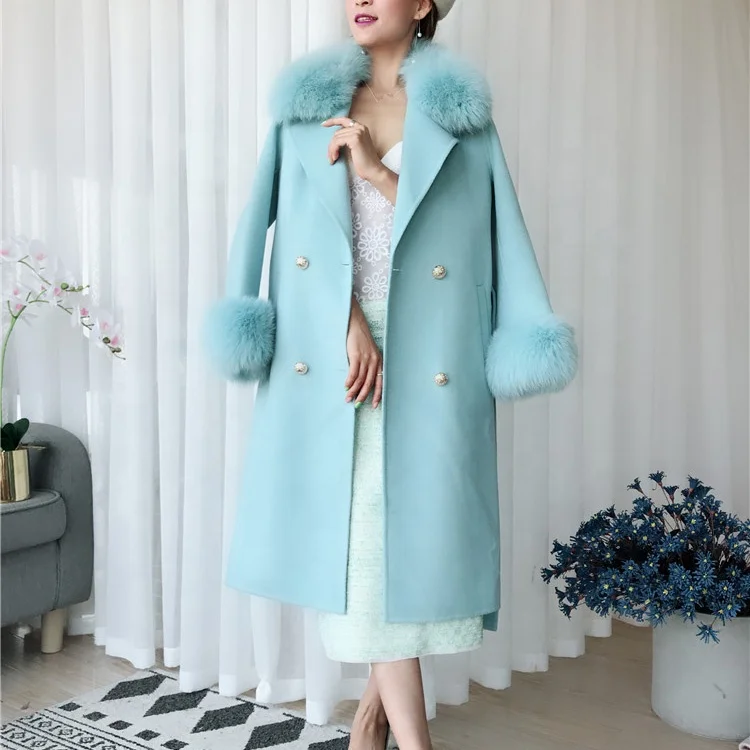 Модная женская зимняя одежда, длинное зимнее шерстяное пальто с натуральным лисьим мехом, Женская куртка, Кашемировое шерстяное пальто