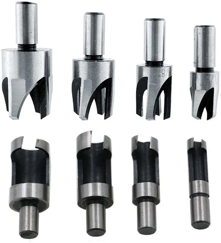 

8pcs Wood Plug Cutter Cork Drill Bit Set Straight And Tapered Taper 5/8" 1/2" 3/8" 1/4" Woodworking Cutting Tool