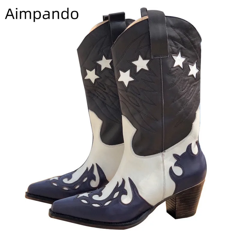 

Classic Patchwork Boots Women Square Toe Chunky Med Heel Party Cowboy Bottes Mixed Color Slip On Fashion Sewing Boots Women 2020