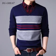 Осенне-зимний свитер модный бренд Полосатый Повседневный свитер с v-образным вырезом Slim Fit вязаный мужской s свитер и пуловеры мужские
