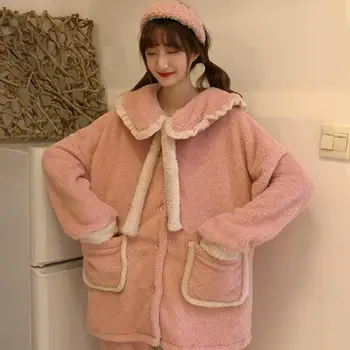 

Winter Pajama Cute Sweet Plus Velvet Warm Pijamas Set Cardigan Lace-up Solid Pocket Top Pants Two Piece Women's Pyjamas Homewear