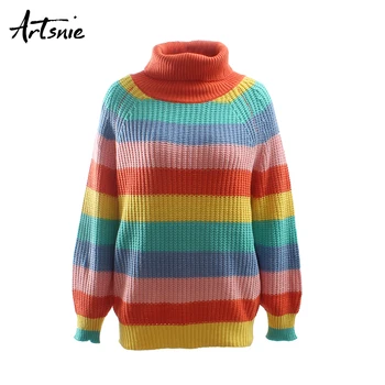 

Artsnie rainbow striped turtleneck sweater women autumn 2019 streetwear casual loose pull femme knitted winter sweaters female