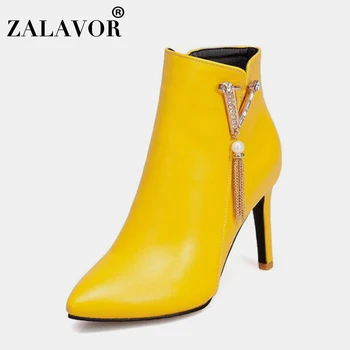 

ZALAVOR Ankle Boots For Women Sexy Pointed Toe Office Shoes Women Crystal Thin Heels Winter Fur Short Boots Size 31-43