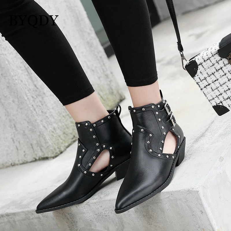 BYQDY Sexy Rivets Autumn Ankle Boots For Woman Cow Leather Chunky Heel Zipper Ladies Booties Buckle Solid Black Short | Обувь