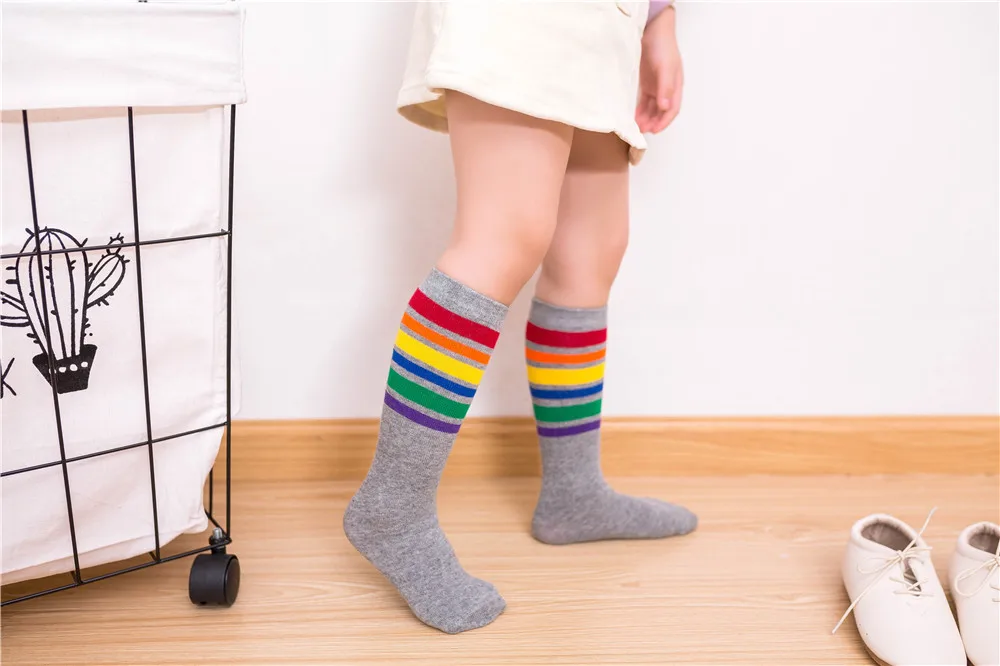 Носки для детей от 2 до 8 лет Гольфы длиной 30 см Детские теплые однотонные хлопковые носки унисекс в полоску и горошек для малышей
