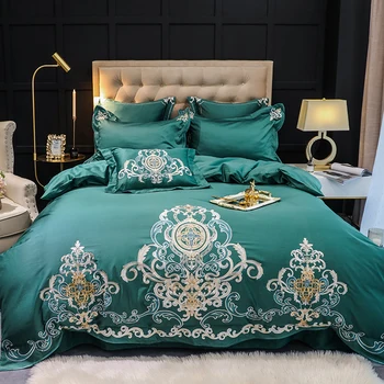 

Luxury Gold Royal Embroidery 100S Egyptian Cotton Green Blue European Palace Bedding Set Duvet Cover Bed sheet/Linen Pillowcases