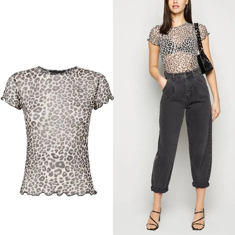 

Women Summer Short Sleeve Slim T-Shirt Sexy Perspective Mesh Leopard Print Pullover Top O-Neck Ruffles Trim Club Party Streetwea