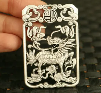 

rare old Tibet Silver fortune Kylin statue netsuke pendant amulet gift