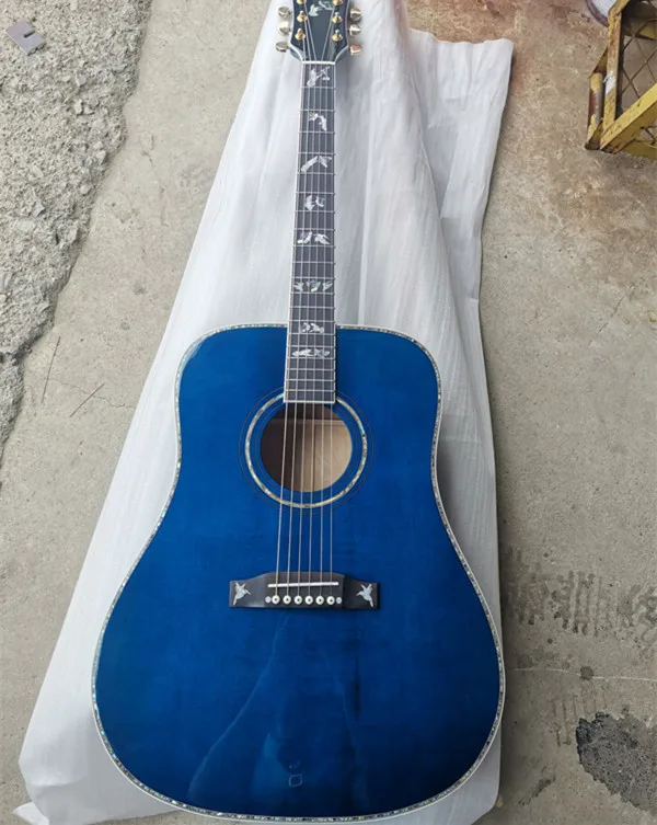 

free shipping AAA custom shop dreadnought viper blue quilted maple solid acoustic guitar real abalone bird custom vine guitar
