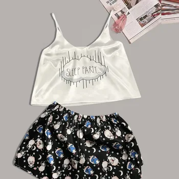 

Pijamas Women Pajama Set Kigurumi Silk Home Suit Fox Print V Neck Pyjama Woman Femme Sleepwear Satin 2020 Summer