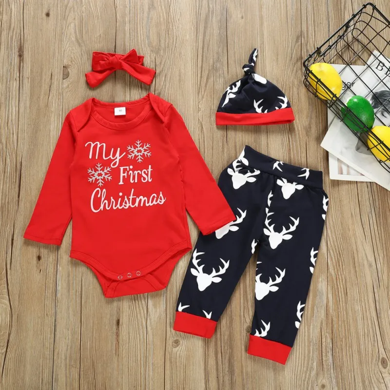 Комплекты для маленьких мальчиков и девочек комплекты рождественской одежды хлопковый комбинезон с длинными рукавами и буквенным принтом, штаны и повязка на голову, шапки, детская одежда