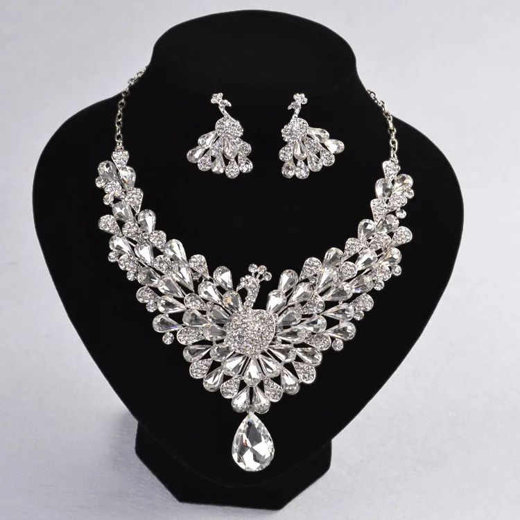 

Bride White Necklace Earrings Two-Piece Set Korean Style Clip-on Man-made Diamond Chain Marriage Performance Ornament