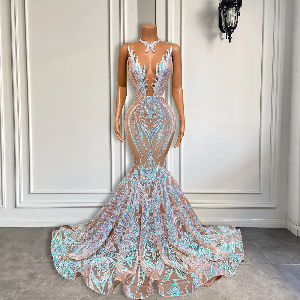 Women Prom Dresses Long Sparkly Prom Dresses Sheer O-neck Sleeveless Real Picture African Black Girls Mermaid Prom Gala Gowns