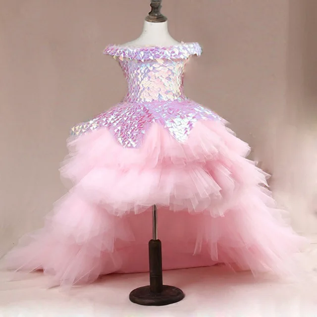 Children Tailing Formal Dress Princess Dress New Style Christmas Catwalks Short Tailing Deconstructable Pink Costume Summer