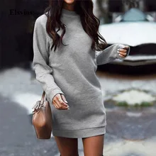 Elsvios повседневное зимнее плотное теплое платье-свитер женское осеннее мини-платье с длинными рукавами однотонное женское пуловер с круглым вырезом с капюшоном платье