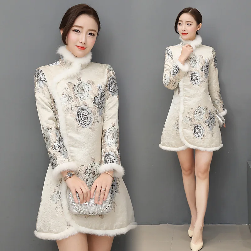 

Padded Cheongsam Dress Autumn And Winter Women's Long-Sleeve 2018 New Style Warm Fur Collar Vintage Printed Cotton-padded Clothe