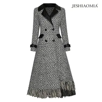 

2020 AUTUMN NOTCH COLLAR DOUBLE BREASTED FRINGE LONG TWEED COAT