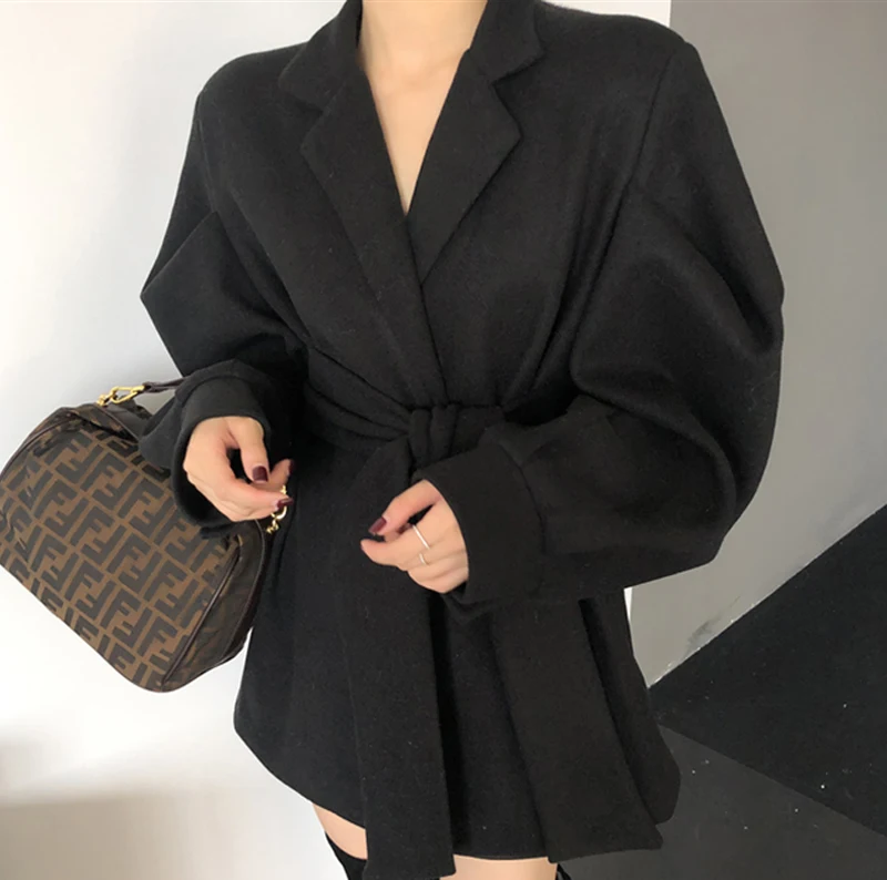 BGTEEVER Elegant Women Blend Coat Vintage Puff-sleeve Belted Female Woolen Coats Autumn Winter Office Ladies Overcoats Jackets