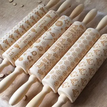 

Rolling Pin Christmas Elk Printing Pattern Durable Moisture-proof Hardwood Rolling Pin Pasta Pizza Making Tool Kitchen Supplies
