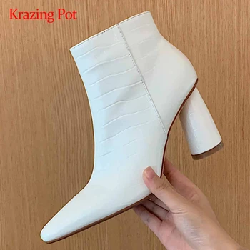 

Krazing pot work boots genuine leather stone pattern high quality small square toe thick high heel zipper mature ankle boots L70