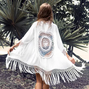 

Swimwear Women Cover Up Mesh Swimsuits Kaftan Beach Summer 2020 Bamboo Cotton Hollow Upper Garment Loose Swimsuit Animal Acetate