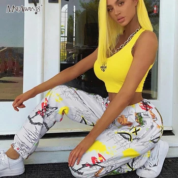 

Mnealways18 Graffiti Print Trousers Loose Sweatpants Women Pants Elastic High Waist Pants Harem Joggers Cotton Casual Streetwear