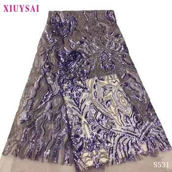 

Purple Embroidery Sequence Fabrics African French Tulle Mesh Lace Fabric High Quality Sequins Lace Fabrics for Bridal Material