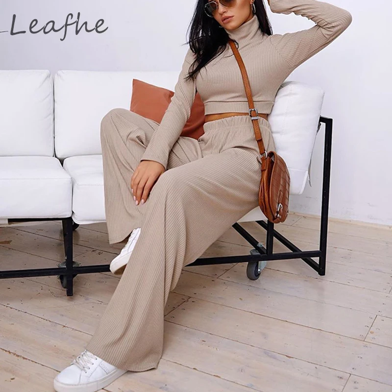 

Cotton Autumn Women Sexy Solid Turtleneck Rib Knit Slim Warm Two Piece Set Casual Wide Leg Pants And Long Sleeve Crop Tops Suit