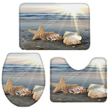 

3 Pieces Bathroom Set Sunshine Beach Shell Starfish Bath Set Toilet Cover Mat Pedestal Rug Non-Slip Bathroom Rug Set