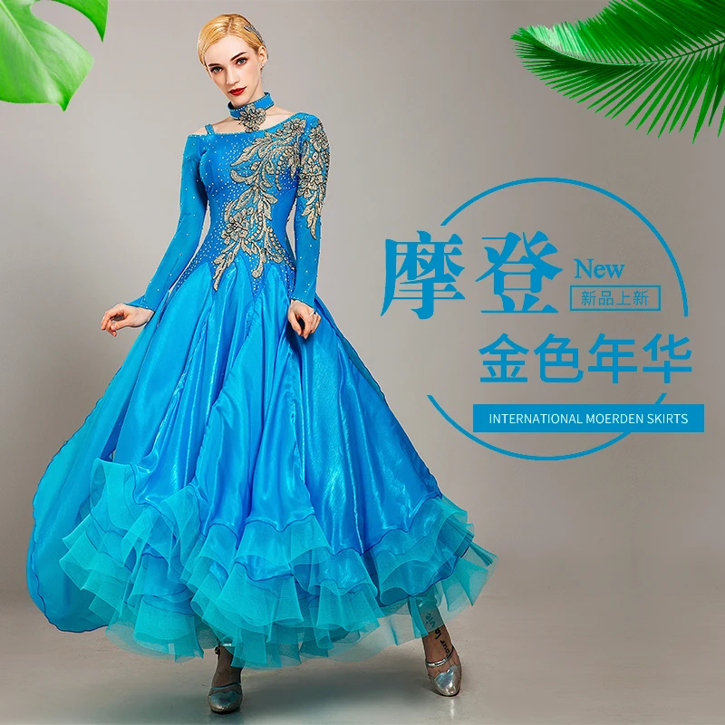 Light Blue Белое Бальное танцевальное платье для соревнований бальных танцев Венский вальс платье бальное платье Светящиеся костюмы для танцевальной одежды - Цвет: Light Blue