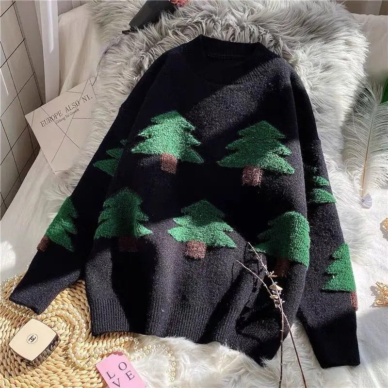 

Mock Neck Sweater 2020 Winter Autumn Christmas Tree Pattern Woman Sweaters Pullovers Casual Knitted Loose Jumpers