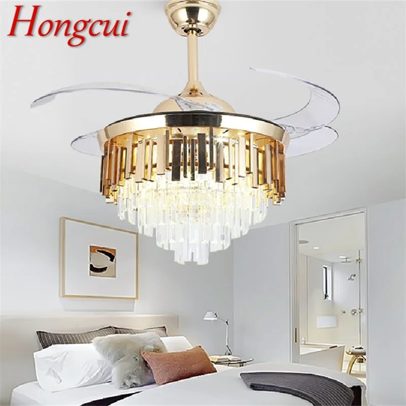 Hongcui Ceiling Fan Light Invisible Luxury Crystal LED Lamp With Remote Control Modern For Home 1