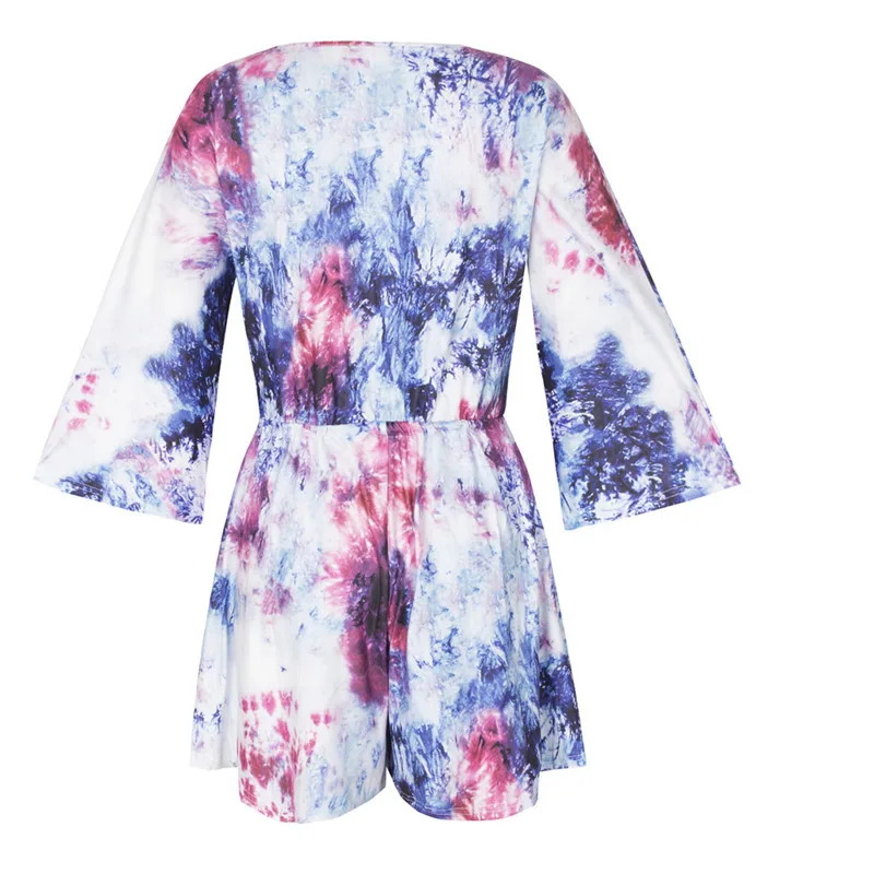 Модное окрашенное кимоно со шнуровкой, Женский Повседневный Комбинезон Boho с широкими штанинами, Модный комбинезон с v-образным вырезом и рукавами 3/4, комплект с шортами