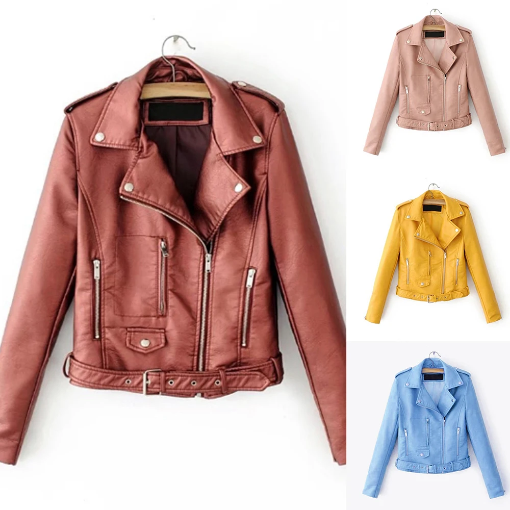 

2019 New Autumn Women Zipper PU Leather Jacket Coat Solid Short Motobiker Faux Leather Jackets Female Faux Leather Outwear