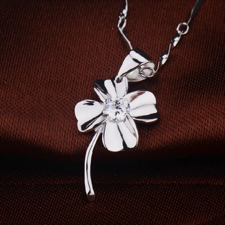 925 стерлингового серебра ювелирные изделия клевер из циркония кулон ожерелье для женщин подарок 45 см цепь колье ожерелье-колье S-N130