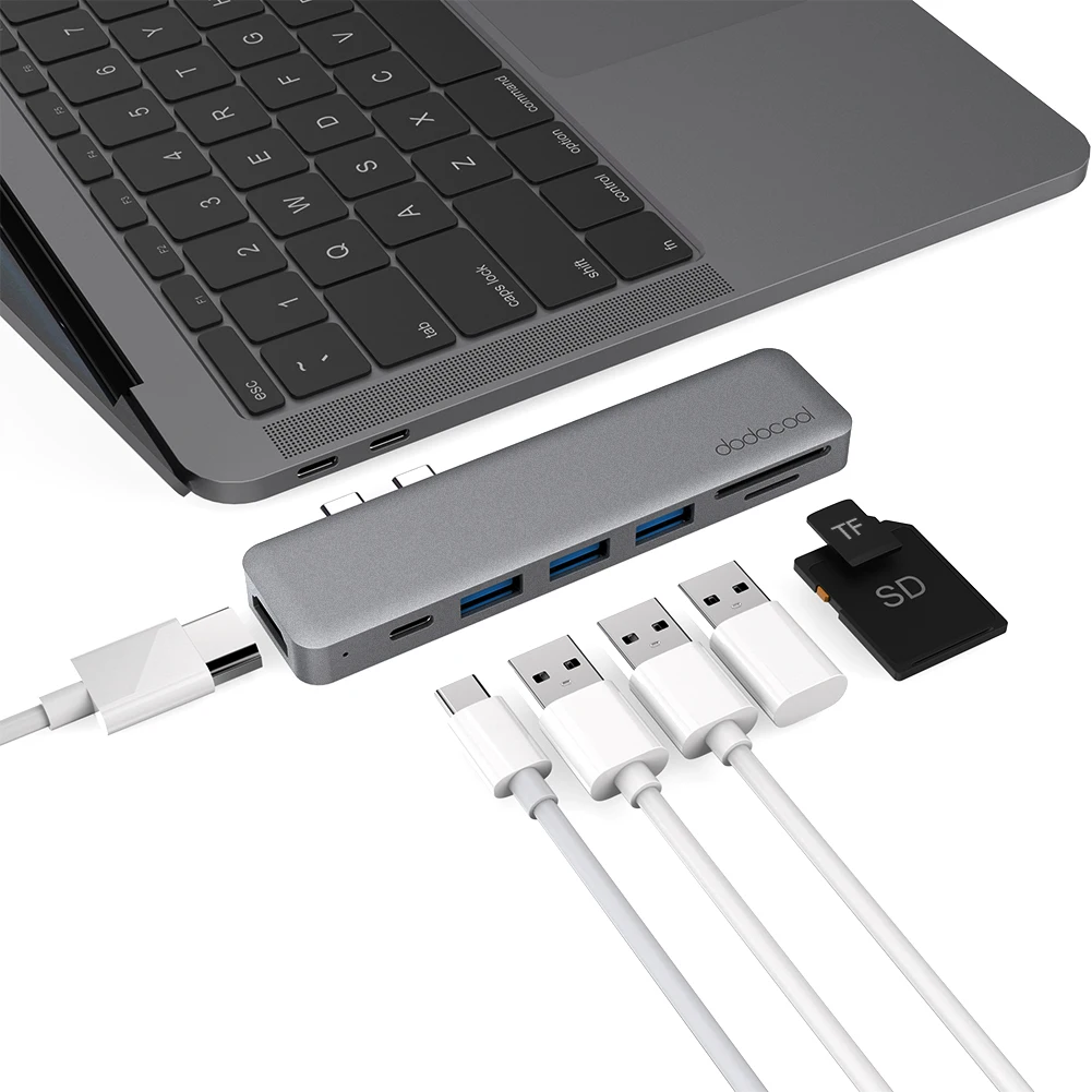 

Dodocool Alloy 7-in-1 Dual USB-C USB C HUB with 4K HD TF Card Reader 3 USB 3.0 HUB Thunderbolt Type-C HUB for MacBook