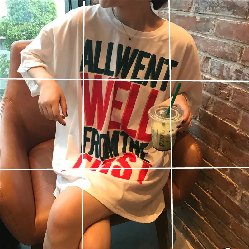 

2018 Summer Korean-style Retro Loose-Fit Mid-length Printed Letter Bottom Missing Short Sleeve T-shirt Dress Women's Fashion