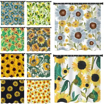 

New Shower Curtain Sunflower Pattern Fabric Bathroom Decoration 3D Printing Waterproof Multi-Size Shower Curtain With Hook