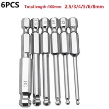 

6pcs S2 Steel 100mm 1/4'' Hex Shank Magnetic Ball Head Screwdriver Bit 2.5/3/4/5/6/8mm For Electric Screwdriver Bit Tools