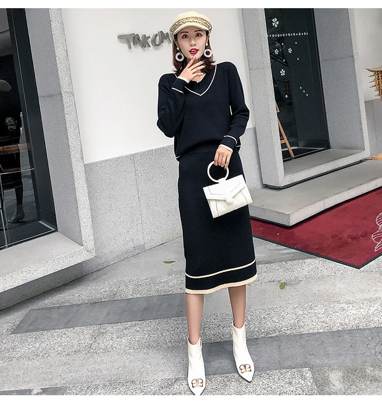 Autumn Winter 2 Piece Set Women Sweater Sets Warm V-Neck Knitted Pullover+ High Waist Midi Skirt Suit Female Two Piece Set