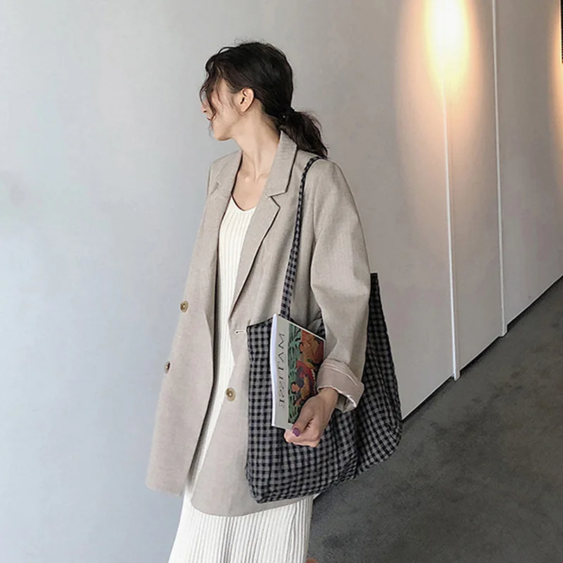 

2019 Spring New Style Hong Kong Flavor Retro Loose Casual CHIC-Style Suit Mid-length Herringbone Suit Coat Women's