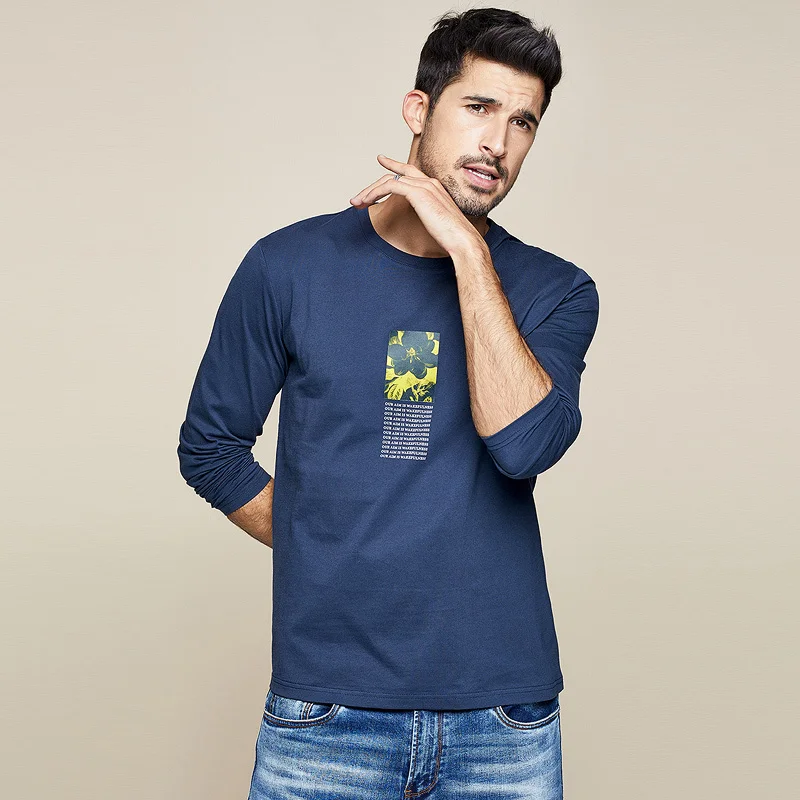 KUEGOU осень хлопок черно-белая футболка с принтом Мужская футболка брендовая футболка с длинным рукавом Футболка модная одежда Топ 7757 - Цвет: Blue