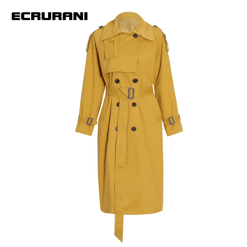

ECRURANI Yellow Casual Windbreaker For Women Lapel Long Sleeve Sashes Double Breasted Trench Females Fashion Clothing 2021 Style