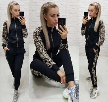 

2pcs Casual Leopard Tracksuit Suits For Women Set Knitted print Sweatshirt+Sweatpants 2 Pieces Sets Womens Suit Sweatsuit Female