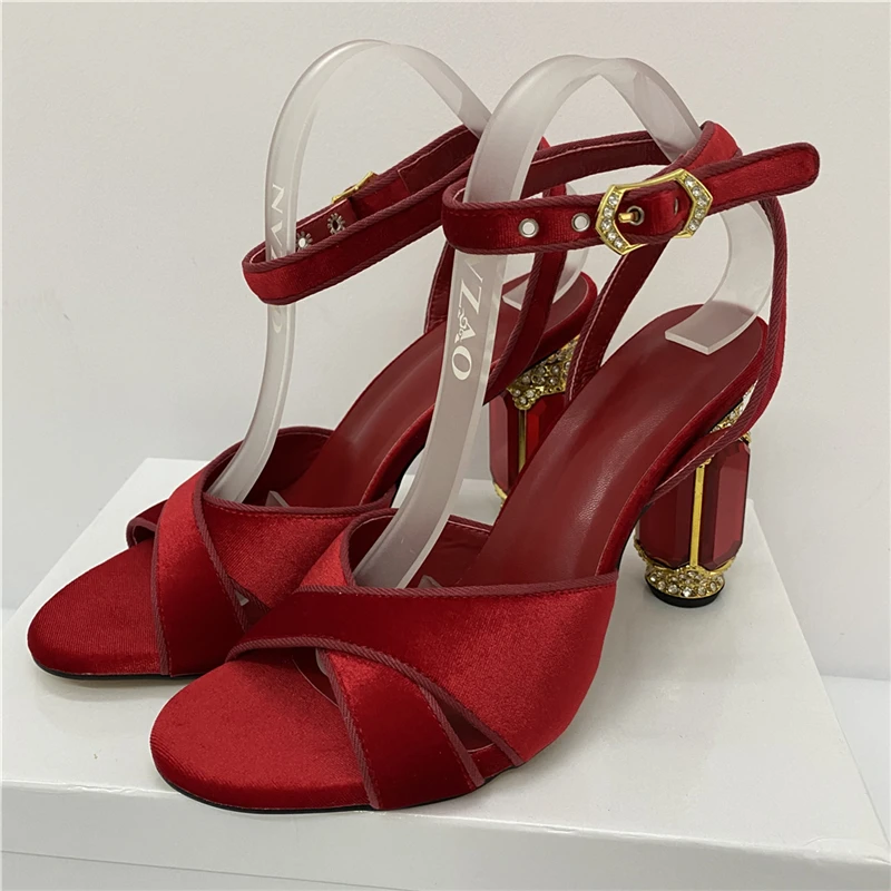 Women High Heels Luxury Velvet Diamond Heel Summer Cross Band Ankle Strappy Jeweled Party Sandals