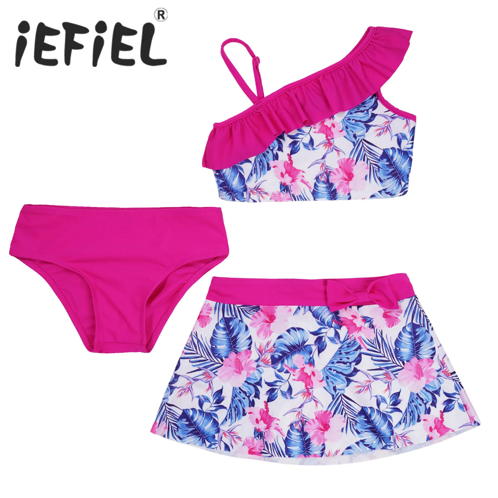 Girls Swimsuit 4-14 Years Tankini Set 3 Piece Floral Print Tank Vest Tops with Bikini Briefs and Skirts Summer