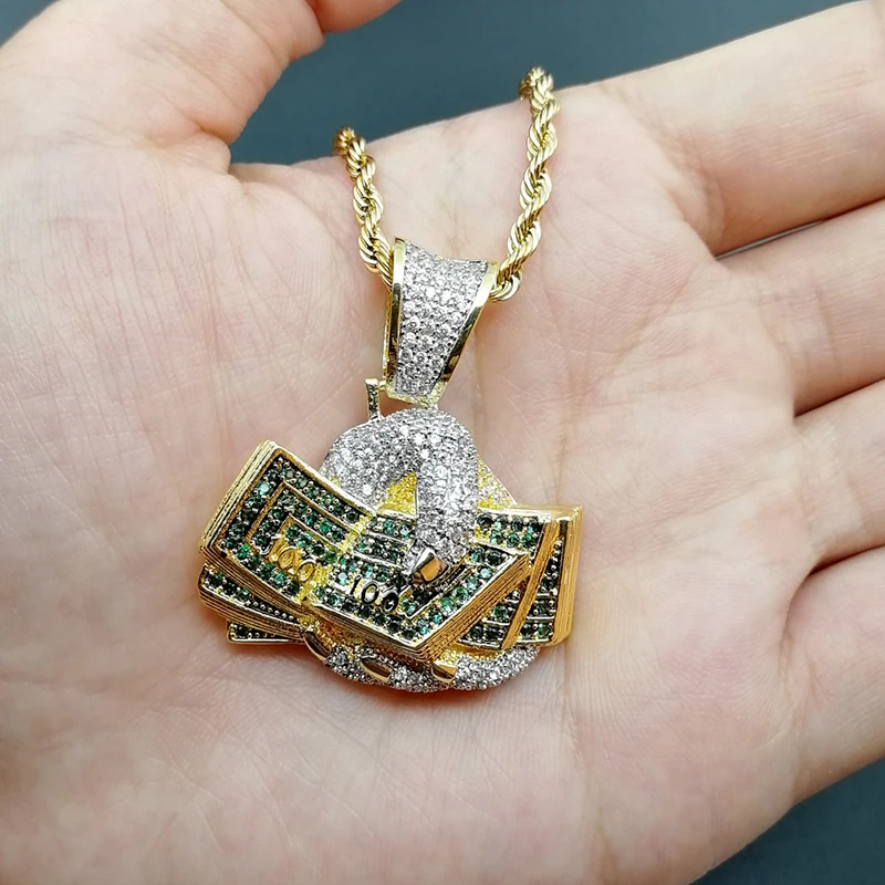 Men's Hip Hop Micro Paved Green AAA Cubic Zirconia Bling Ice Out Rich Holding Dollars Money Pendants Necklace - Rapper Jewelry image 6