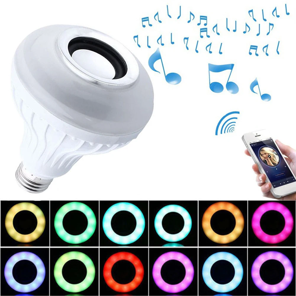 Умный E27 светодиодный rgb-колонка с Bluetooth лампочкой, музыка, воспроизведение аудио, затемняемый беспроводной светодиодный светильник с 24 клавишами дистанционного управления